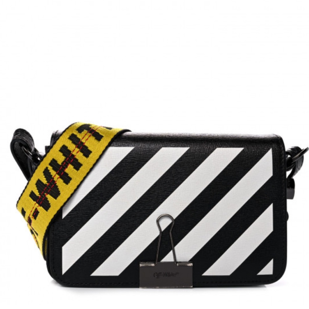 Off-White Saffiano Striped Mini Diag Binder Clip Bag Black White Yellow